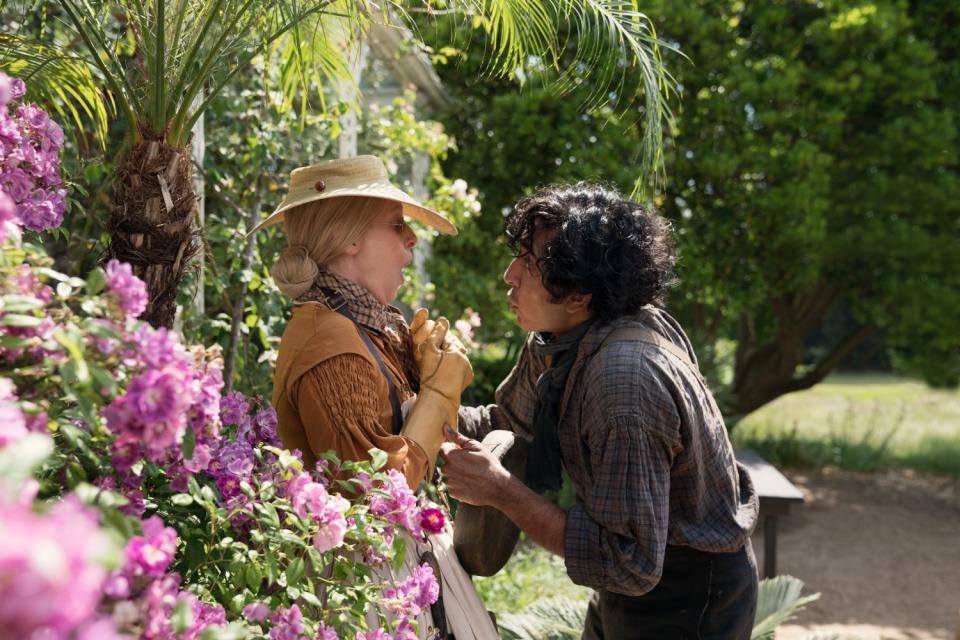 Tilda Swinton and Dev Patel in the movie "The Personal History of David Copperfield."