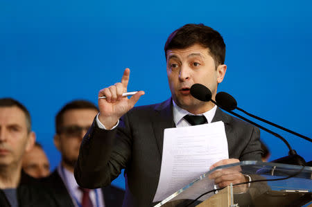 Presidential candidate Volodymyr Zelenskiy attends a policy debate with his rival, Ukraine's President Petro Poroshenko, at the National Sports Complex Olimpiyskiy stadium in Kiev, Ukraine April 19, 2019. REUTERS/Valentyn Ogirenko