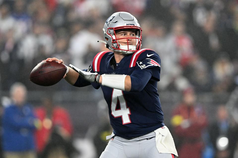 Patriots quarterback Bailey Zappe throws the ball against the Bears during the first half at Gillette Stadium in Foxborough, Mass. on Monday, Oct. 24.