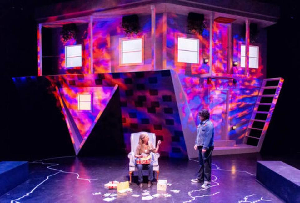 David Goldstein’s set design for Zoetic Stage’s “Next to Normal” positions the family’s house upside down, which is a visual metaphor for their lives. (Photo by Justin Namon)