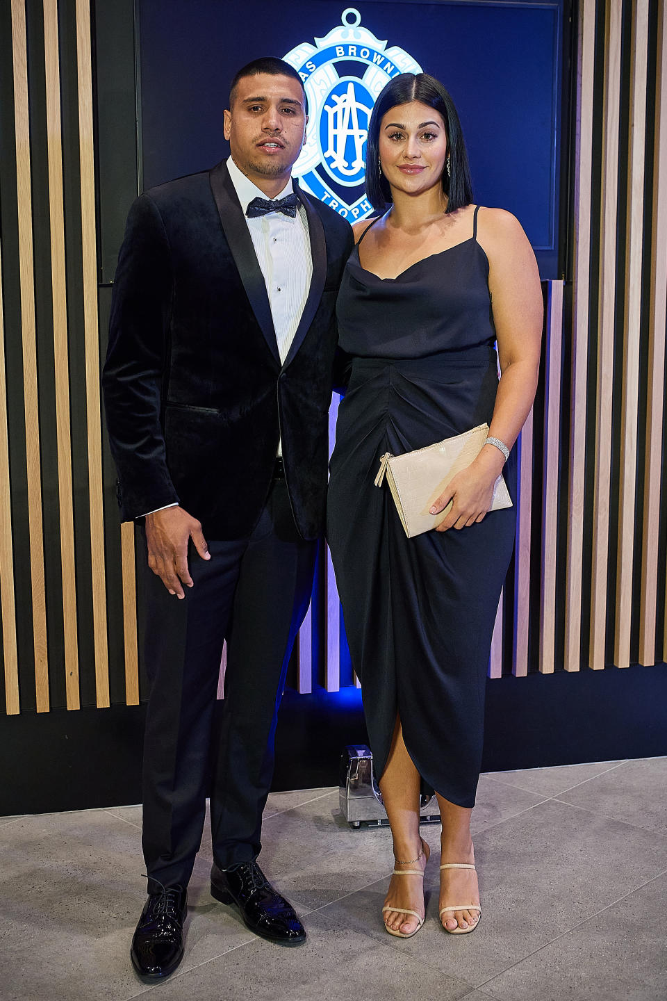  Tim Kelly and wife Cailtin Miller pose for a photo during the 2020 Brownlow Medal Count at Optus Stadium on October 18, 2020 in Perth, Australia.