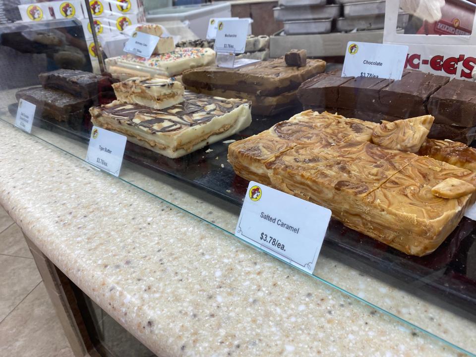 Fudge behind a glass case at Buc-ee's