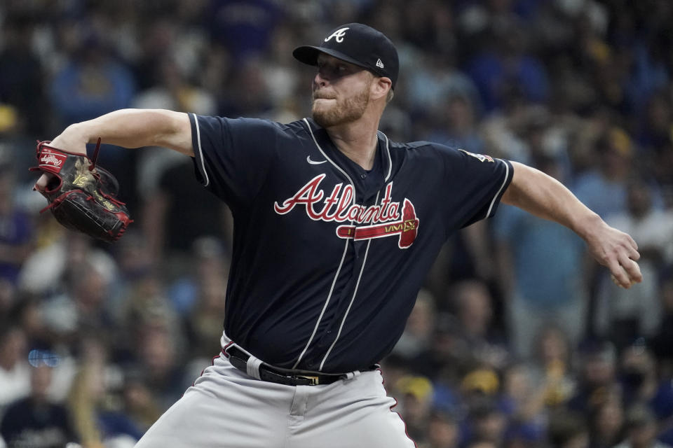 Atlanta Braves relief pitcher Will Smith throws against the Milwaukee Brewers during the ninth inning in Game 2 of baseball's National League Divisional Series Saturday, Oct. 9, 2021, in Milwaukee. (AP Photo/Morry Gash)