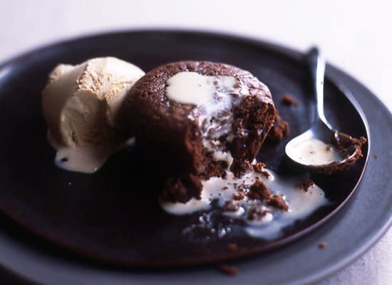 <strong>Get the <a href="http://www.huffingtonpost.com/2011/10/27/warm-double-chocolate-bro_n_1058778.html" target="_hplink">Warm Double-Chocolate Brownie Cakes recipe</a></strong>
