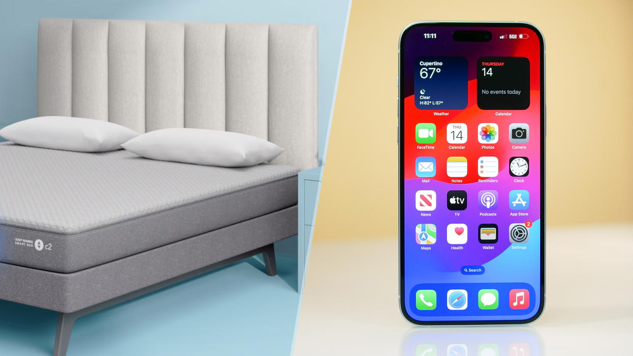  Composite image of iPhone and Sleep Number C2 Smart Bed. 