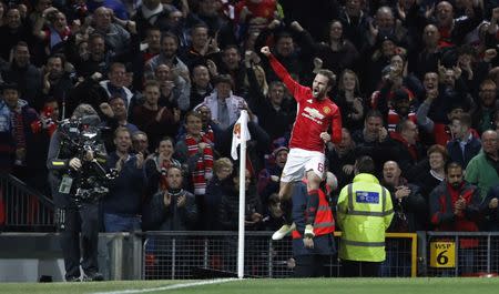 Football Soccer Britain - Manchester United v Manchester City - EFL Cup Fourth Round - Old Trafford - 26/10/16 Manchester United's Juan Mata celebrates scoring their first goal Reuters / Darren Staples