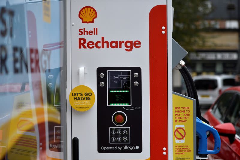 FILE PHOTO: Electric car charging points at the Holloway Road Shell station where Shell is launching its first fast electric vehicle charging station in London