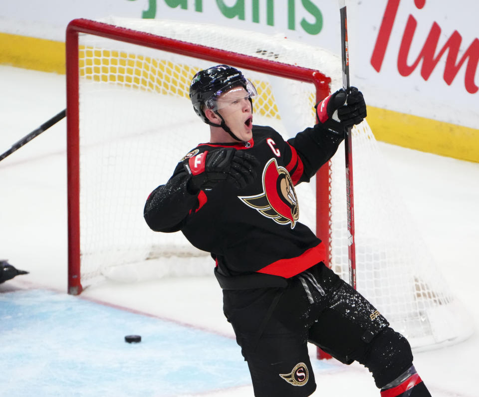 Ottawa Senators left wing Brady Tkachuk (7) celebrates after a goal against Dallas Stars goaltender Scott Wedgewood during third-period NHL hockey game action in Ottawa, Ontario, Monday, Oct. 24, 2022. (Sean Kilpatrick/The Canadian Press via AP)