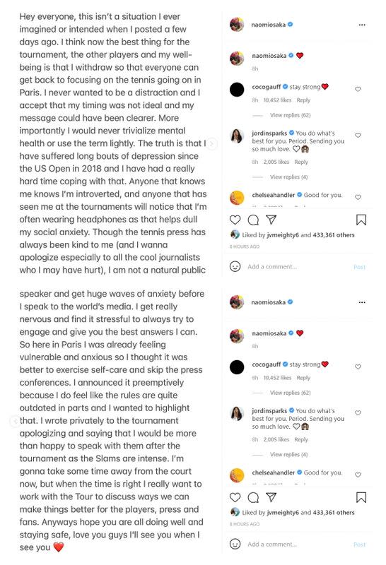 Japan tennis player Naomi Osaka's message of withdrawal from the French Open is seen on her Instagram account in this combination image of screen shots obtained from social media