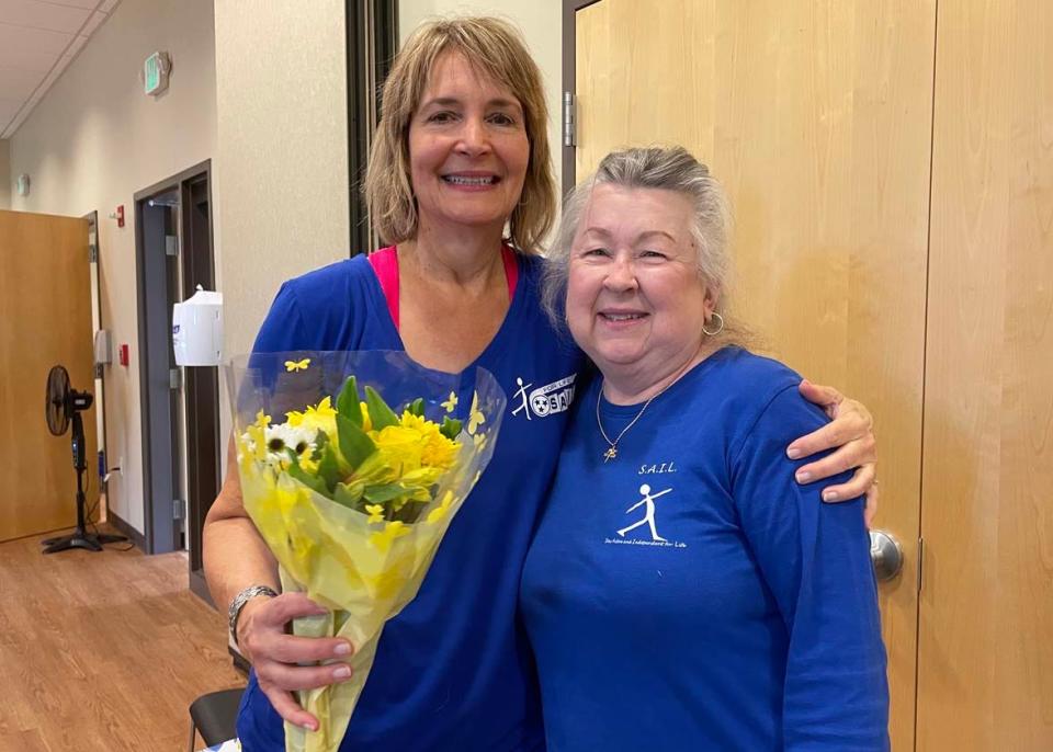 S.A.I.L. instructor Debbie Harris with Health Promotion Manager Cynthia Rockey at Harris’s retirement party at Karns Senior Center Wednesday, May 4, 2022.