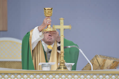 Pope Francis celebrates a Holy Mass in Kaunas, Lithuania September 23, 2018. Vatican Media/Handout via REUTERS.