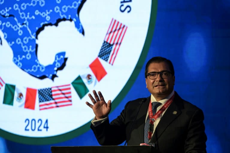 El director de la agencia mexicana de Investigación Criminal (AIC), Felipe de Jesús Gallo, en la inauguración de la Conferencia Multilateral sobre Drogas Sintéticas, en Ciudad de México, el 23 de abril de 2024 (Yuri Cortez)