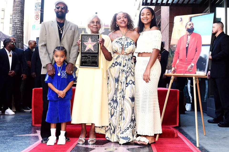 Dawit Asghedom, Kross Ermias Asghedom, Margaret Boutte, Samantha Smith and Emani Asghedom at the star ceremony where Nipsey Hussle is being posthumously honored with a star on the Hollywood Walk of Fame on August 15, 2022 in Los Angeles, California (Photo by Gilbert Flores/Variety via Getty Images)