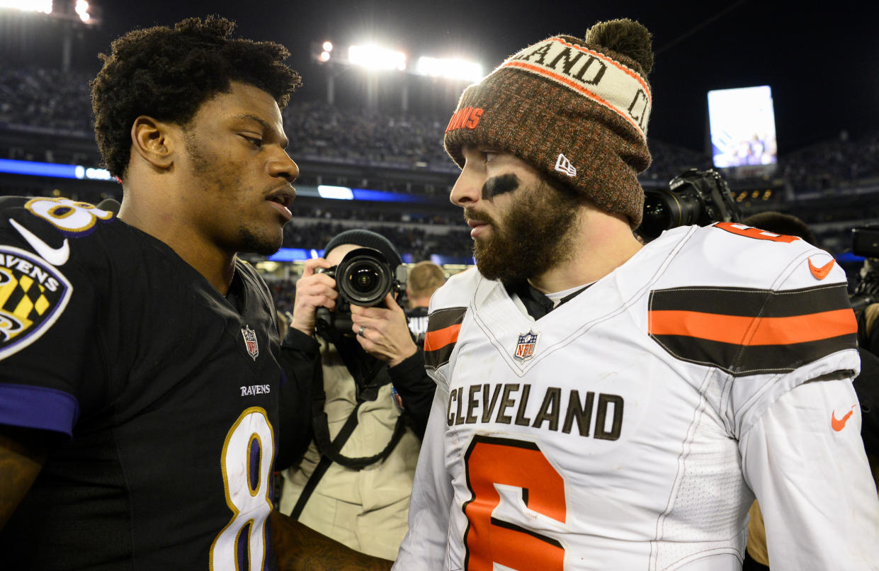 Will Lamar Jackson and Baker Mayfield play so well this season their teams have no choice but to pay them big money? It's a question facing both the Ravens and Browns. (Photo by: 2018 Nick Cammett/Diamond Images/Getty Images)