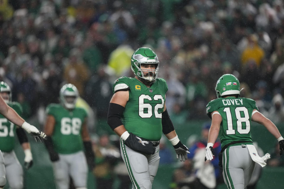 Philadelphia Eagles' Jason Kelce in action an NFL football game, Sunday, Nov. 26, 2023, in Philadelphia. (AP Photo/Matt Rourke)