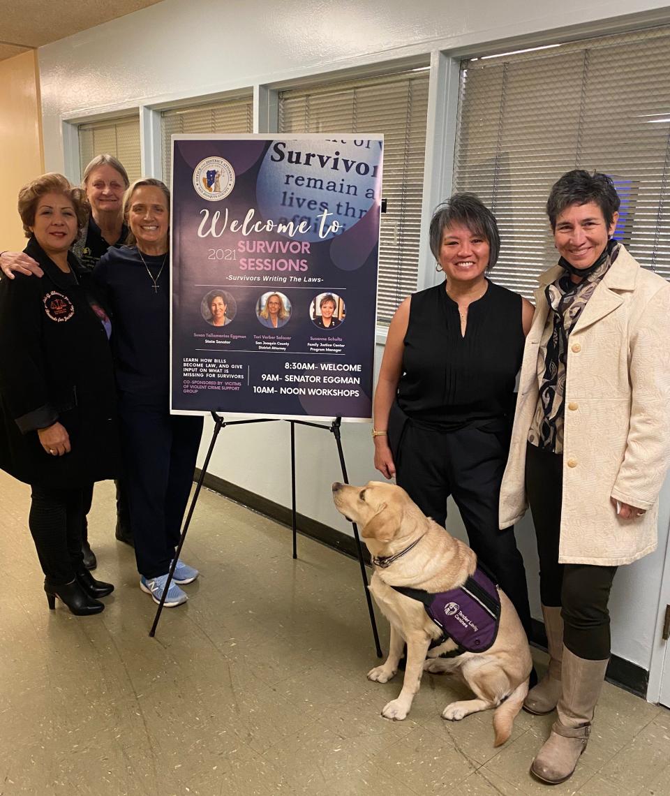 From left to right, Victims of Violent Crime Support Group founders Leticia Galvan and Joyce Tuhn, San Joaquin District Attorney Tori Verber Salazar, Family Justice Center program manager Suzanne Schultz and State Senator Susan Talamantes Eggman organized and participated in a Survivor Sessions meeting where sexual assault and/or violent crime victims, survivors and family members chatted about their experiences and the law on Dec. 3, 2021.