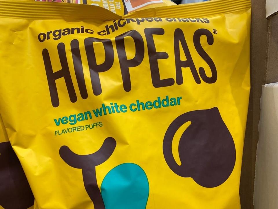 boxes of bags of yellow bulk hippeas at costco