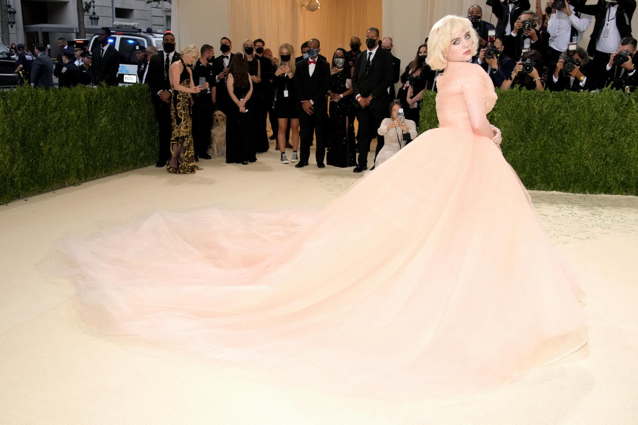 Co-chair Billie Eilish attended The 2021 Met Gala Celebrating In America: A Lexicon Of Fashion at Metropolitan Museum of Art on September 13, 2021 in New York City wearing Oscar De La Renat gown and Charlotte Tilbury make-up.  (Getty Images)