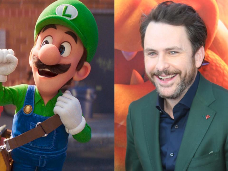 On the left: Luigi in "The Super Mario Bros. Movie." On the right: Charlie Day at the LA premiere of "The Super Mario Bros. Movie."