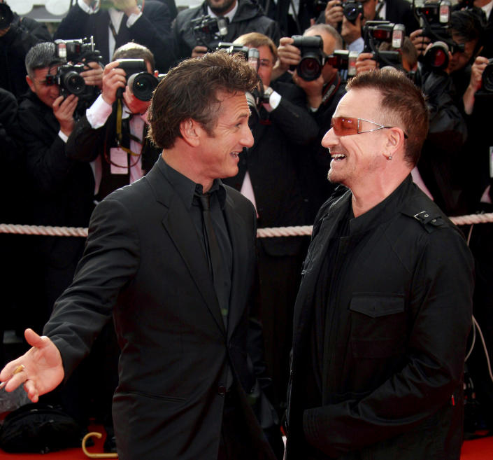 Actor Sean Penn (L) and Singer Bono at the 61st Cannes International Film Festival on May 16, 2008 in Cannes, France. (Photo by George Pimentel/WireImage)