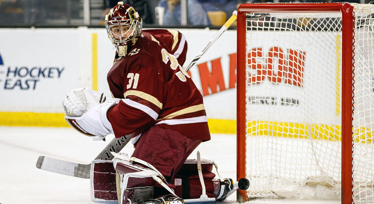 Boston College and goaltender Joseph Woll (31) have struggled out of the gate. (John Kavouris/Icon Sportswire via Getty)