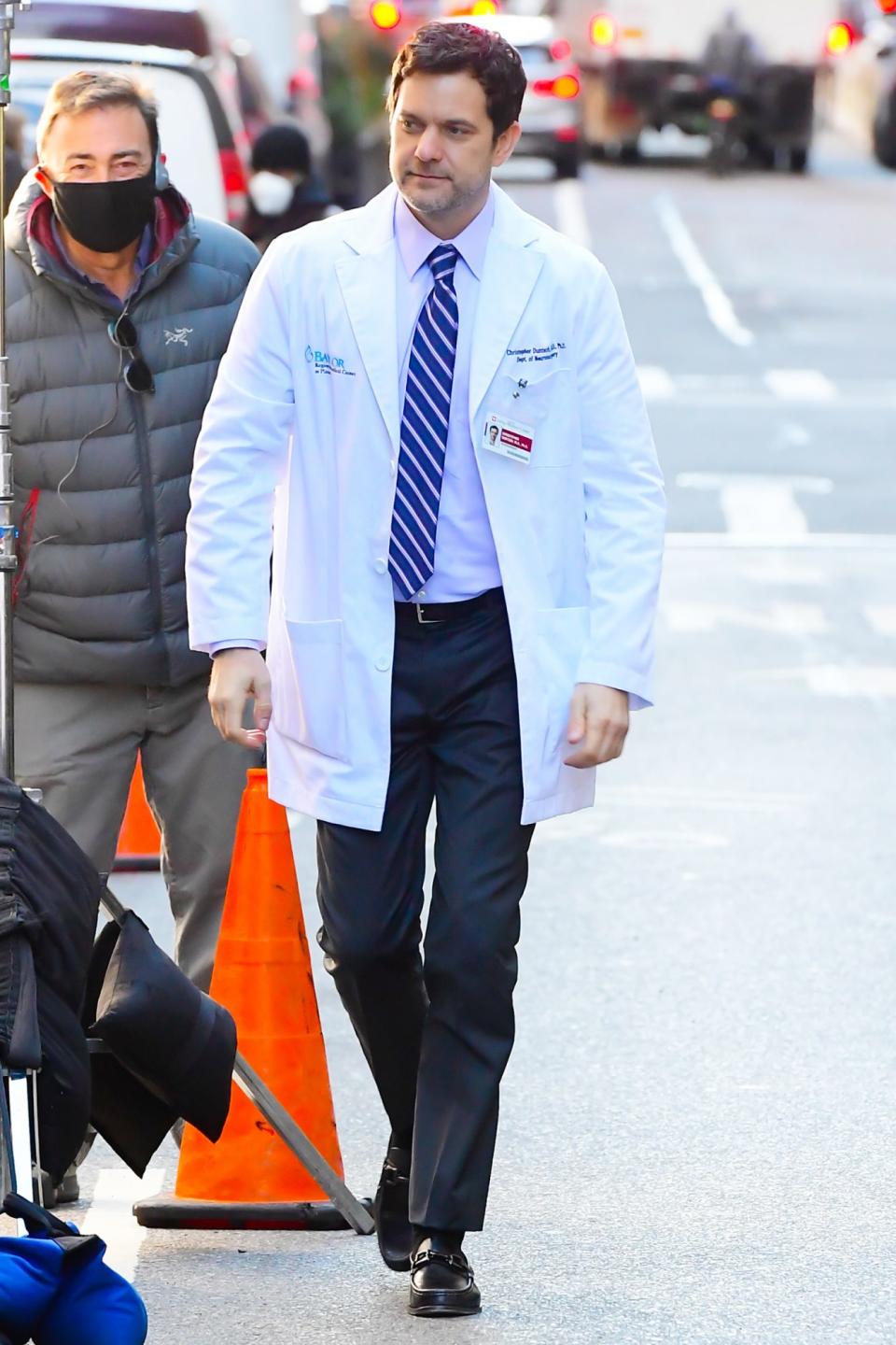 <p>Joshua Jackson is seen in character as he walks the set of <em>Dr. Death</em> on Thursday in N.Y.C.</p>