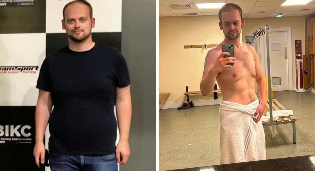 Maxwell Eden has revealed how he was inspired to kickstart a 7st weight loss journey. Pictured before and after his weight loss. (Maxwell Eden/SWNS)