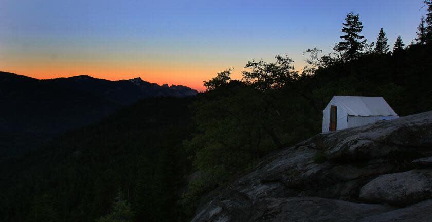 Bearpaw Meadow High Sierra Camp's Tent 4 at dawn in the Sierra Nevada Mountains. Bearpaw Meadow High Sierra Camp, located 11.5 miles into the Sequoia National Park backcountry, is on the hit list of some environmentalists. The camp features hot showers, comfy beds and three meals a day, but some people think this kind of operation has no place in the wilderness. (Photo by Brian Vander Brug/Los Angeles Times via Getty Images)