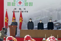 In this Tuesday, March 17, 2020, photo provided on Wendesday, March 18, 2020, by the North Korean government, North Korean leader Kim Jong Un, left, delivers a speech during the ground-breaking ceremony of a general hospital in Pyongyang, North Korea. Kim said it’s “crucial” to improve his country’s health care system during the ceremony, state media reported Wednesday, amid worries about a coronavirus outbreak in the impoverished North. Independent journalists were not given access to cover the event depicted in this image distributed by the North Korean government. The content of this image is as provided and cannot be independently verified.(Korean Central News Agency/Korea News Service via AP)