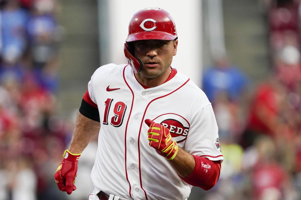 Cincinnati Reds' Joey Votto runs the bases after hitting a three-run home run during the second inning of the team's baseball game against the Pittsburgh Pirates in Cincinnati on Thursday, Aug. 5, 2021. (AP Photo/Jeff Dean)