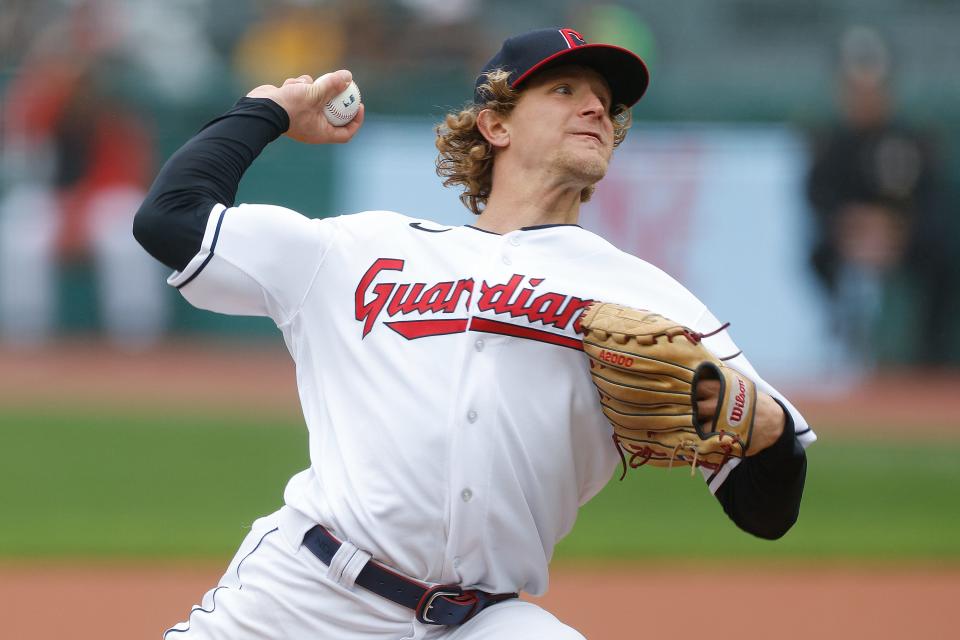 Cleveland Guardians starting pitcher Zach Plesac throws against the San Diego Padres during the first inning in the first baseball game of a doubleheader, Wednesday, May 4, 2022, in Cleveland. (AP Photo/Ron Schwane)