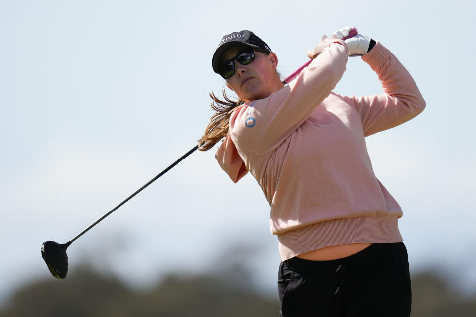 Jennifer Kupcho tees off at the ninth hole during the first round of LPGA's DIO Implant LA Open golf tournament on Thursday, March 30, 2023, in Palos Verdes Estates, Calif. (AP Photo/Ashley Landis)