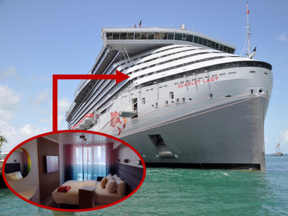 A cruise ship at sea with a picture in a circle and an arrow pointing to a porthole window,