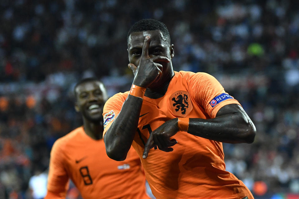 Netherlands' Quincy Promes celebrates after scoring his side's second goal during the UEFA Nations League semifinal soccer match between Netherlands and England at the D. Afonso Henriques stadium in Guimaraes, Portugal, Thursday, June 6, 2019. (AP Photo/Martin Meissner)