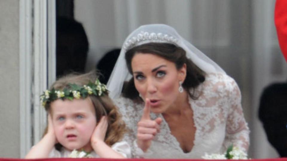 Prince William, Duke of Cambridge and Catherine, Duchess of Cambridge greet wellwishers from the balcony next to Grace Van Cutsem (L) and Margarita Armstrong-Jones at Buckingham Palace on April 29, 2011 in London, England