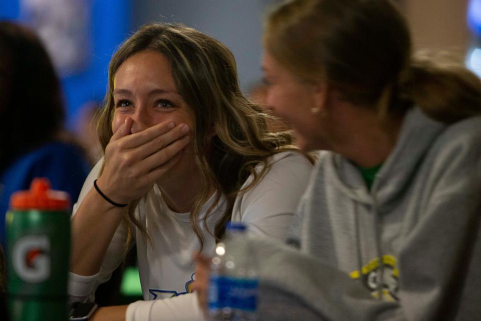 FGCU volleyball player Cortney VanLiew laughs during the FGCU volleyball watch party of the NCAA volleyball tournament selection show, Sunday, Nov. 28, 2021, at Alico Arena in Fort Myers, Fla.