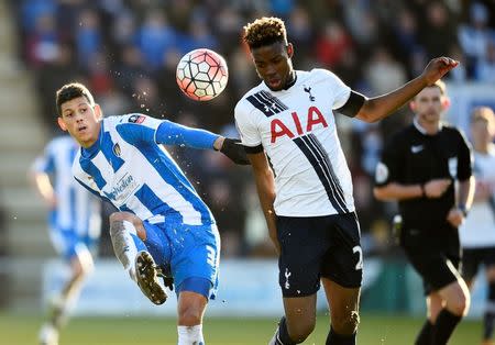 Football Soccer - Colchester United v Tottenham Hotspur - FA Cup Fourth Round - Weston Homes Community Stadium - 30/1/16 Tottenham's Josh Onomah in action with Colchester United's Matthew Briggs Reuters / Dylan Martinez Livepic