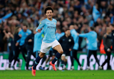 Soccer Football - Carabao Cup Final - Manchester City v Chelsea - Wembley Stadium, London, Britain - February 24, 2019 Manchester City's Leroy Sane celebrates after winning the penalty shootout Action Images via Reuters/Andrew Couldridge