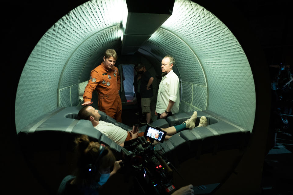 Josh Hartnett, Aaron Paul, and director John Crowley on the set of the 'Black Mirror' episode "Beyond the Sea."