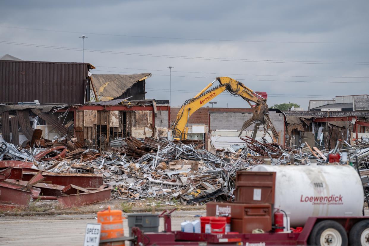 Crews on Wednesday work on demolition of Westland Mall, which is about half finished. Officials for the companies owning properties on the site along West Broad Street near Interstate 270 have no specific plans for redevelopment yet. Loewendick Demolition, of Grove City, is doing the demo work.