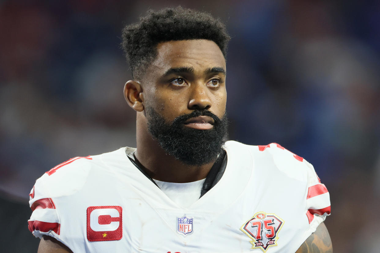 San Francisco 49ers running back Raheem Mostert (31) looks on from the sidelines during an NFL football game between the Detroit Lions and the San Francisco 49ers in Detroit, Michigan USA, on Sunday, September 12, 2021. (Photo by Amy Lemus/NurPhoto via Getty Images)