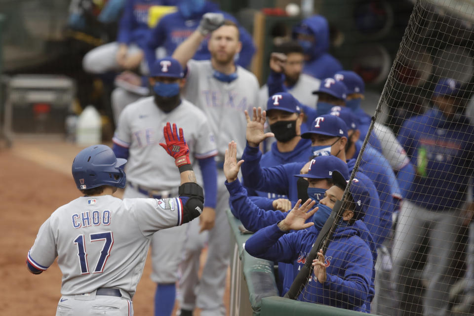 Texas Rangers' Shin-Soo Choo (17) celebrates after hitting a home run against the Oakland Athletics in the first inning of a baseball game Wednesday, Aug. 5, 2020, in Oakland, Calif. (AP Photo/Ben Margot)