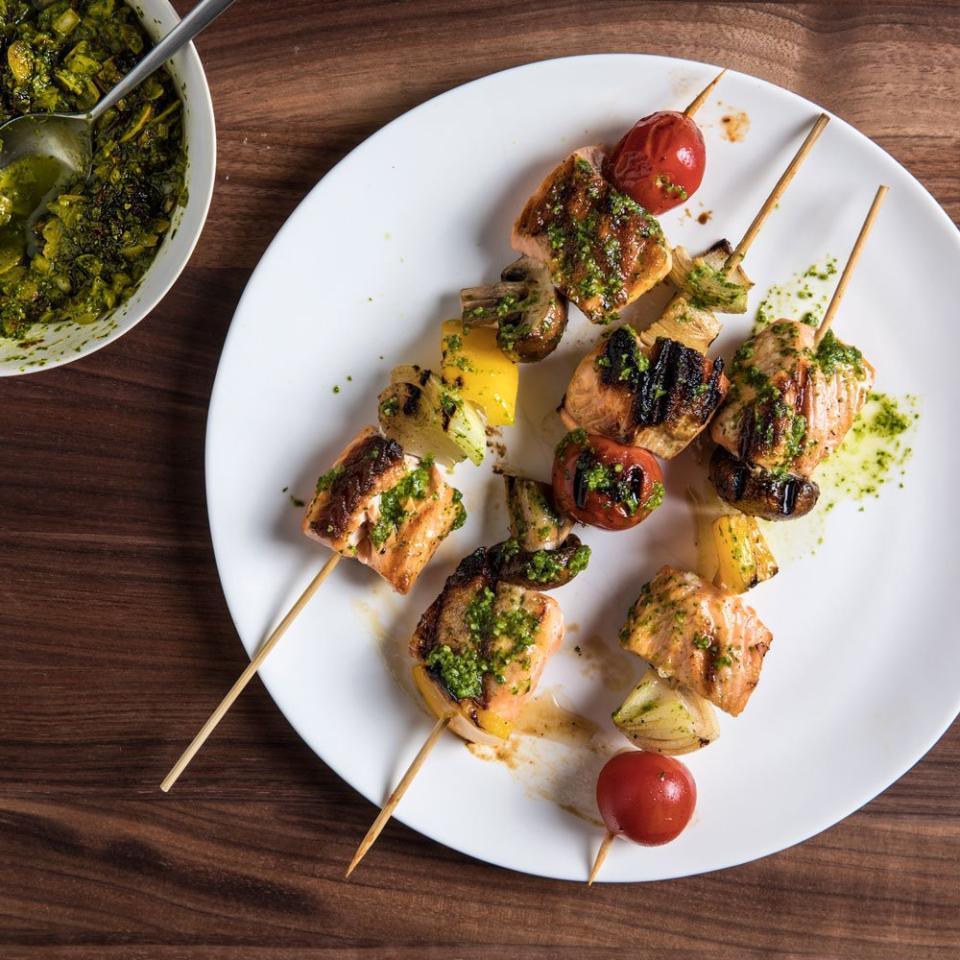 Salmon Skewers with Almond Charmoula