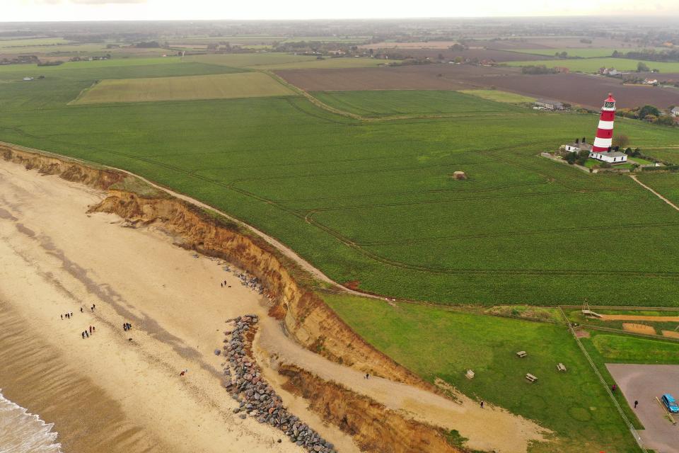 A general view of erosion to the cliff face in the village of Happisburgh on on November 06, 2019 in Great Yarmouth, England.
