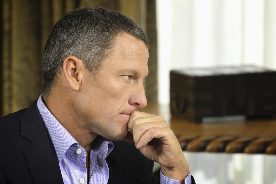 FILE - In this Monday, Jan. 14, 2013, file photo provided by Harpo Studios Inc., Lance Armstrong listens as he is interviewed by talk show host Oprah Winfrey during taping for the show "Oprah and Lance Armstrong: The Worldwide Exclusive" in Austin, Texas. Armstrong confessed to using performance-enhancing drugs to win the Tour de France cycling during the interview that aired Thursday, Jan. 17, reversing more than a decade of denial. (AP Photo/Courtesy of Harpo Studios, Inc., George Burns, File)