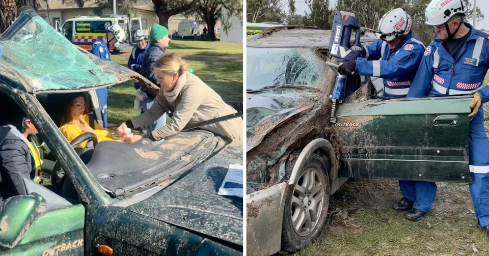 Two photos of a crashed car on Home and Away