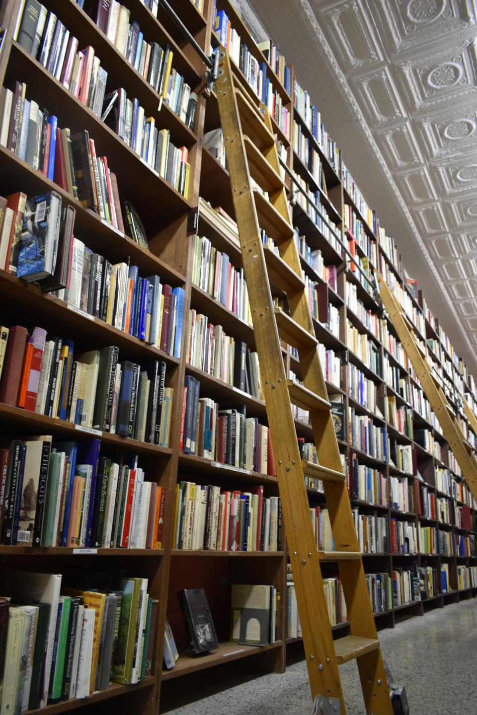 Library ladders at Caveat Emptor in Bloomington make perusing the high shelves easier.