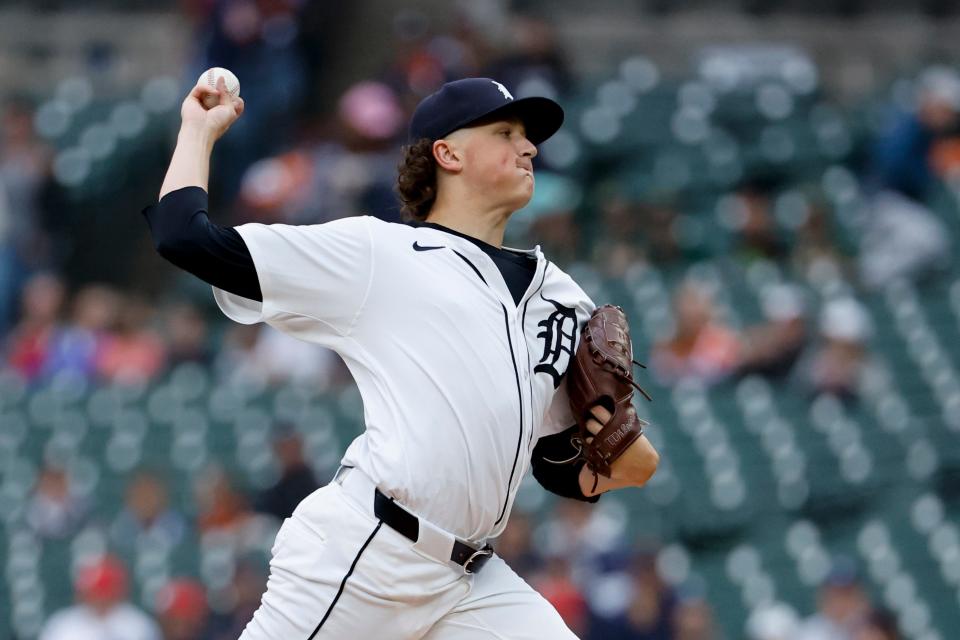 Detroit Tigers pitcher Reese Olson (45) pitches in the first inning against the Cleveland Guardians at Comerica Park in Detroit on Wednesday, July 10, 2024.