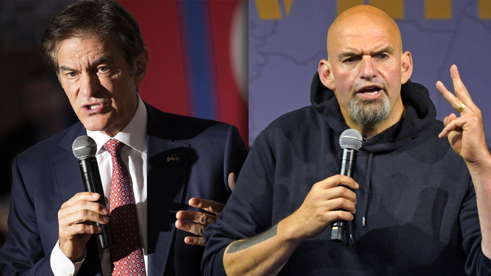 Dr. Mehmet Oz and Lt. Gov. John Fetterman. (Photo illustration: Yahoo News; photos: Ryan Collerd/AP, Gene J. Puskar/AP)