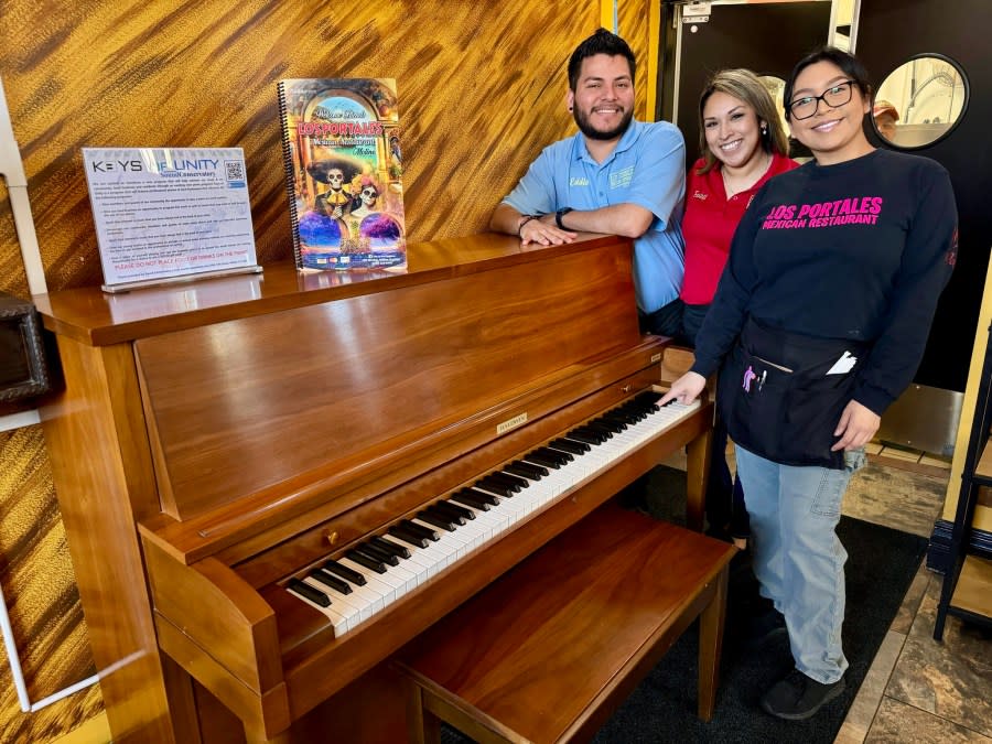 An upright piano on loan at Los Portales Mexican restaurant, 1231 5th Ave., Moline.